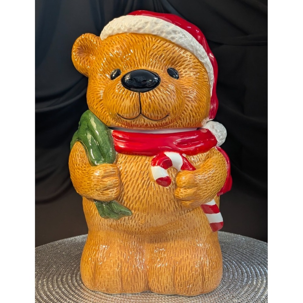 Very Cute Ceramic Christmas Time Teddy Bear Cookie Jar 12"